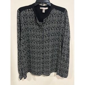 Forever 21 Contemporary Geometric Print Blouse Black White V Neck L Career Work